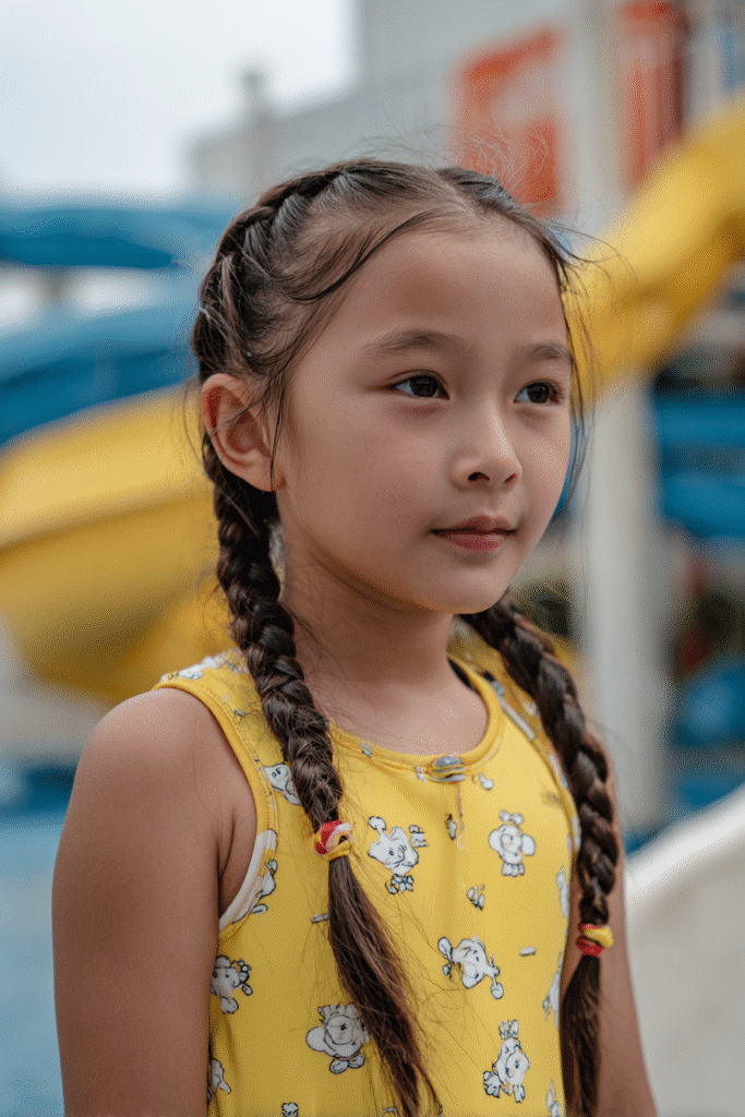 American teen girl with a side braid decorated with fun beads, dressed in a bright swim blouse, standing by a wave pool.
