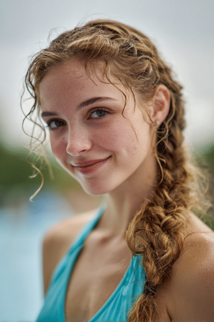 Teen girl with a curly side braid and modest waterwear standing in front of waterpark slides.