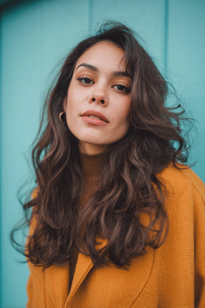 A vibrant female model in her 20s with shoulder-to-waist-length wavy half wig, styled with a side part and smooth waves flowing down, photographed against a seamless soft teal backdrop with a smooth surface. She has subtle makeup, a trendy outfit, a warm skin tone, and a friendly expression, captured with soft natural lighting.