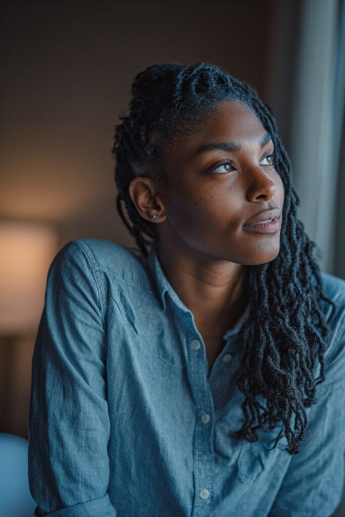 Black woman with neatly braided low-tension side swept cornrows, subtle highlights in her hair, wearing a button-down shirt in a modern indoor space.