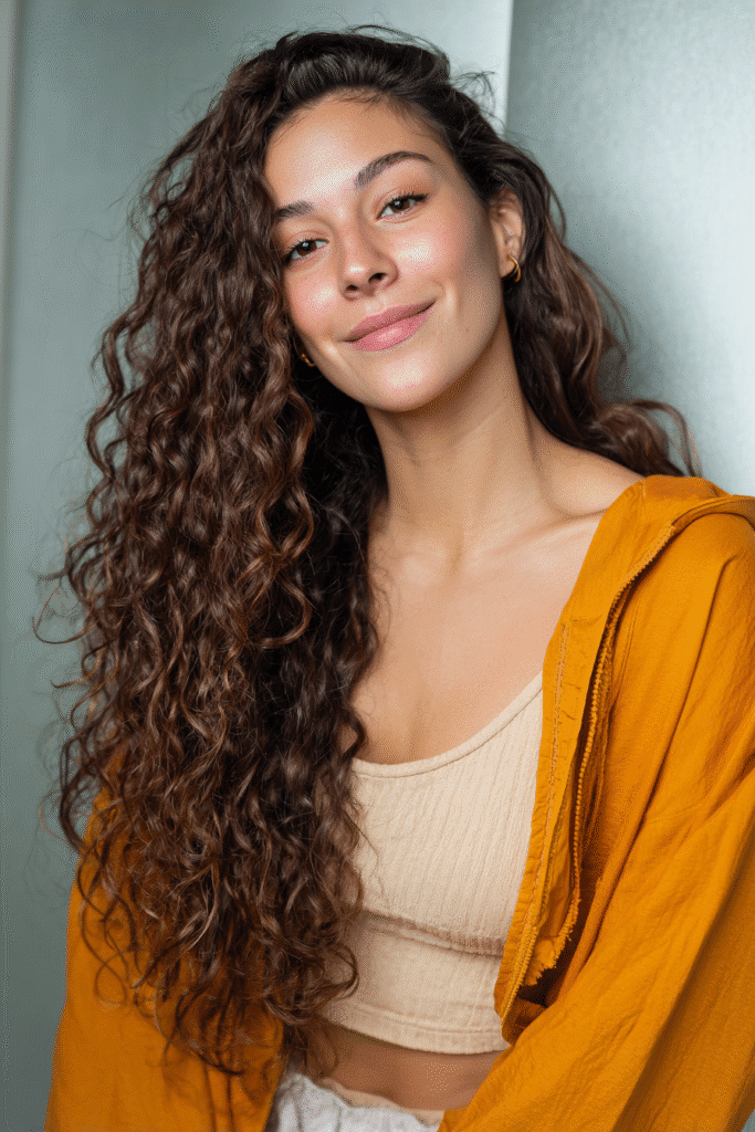 A vibrant female model in her 20s with shoulder-to-waist-length curly half wig, styled with side swept curls and voluminous waves flowing down, photographed against a seamless soft jade backdrop with a satin finish. She wears subtle makeup, a trendy outfit, and has a warm skin tone with a friendly expression, captured with soft natural lighting.