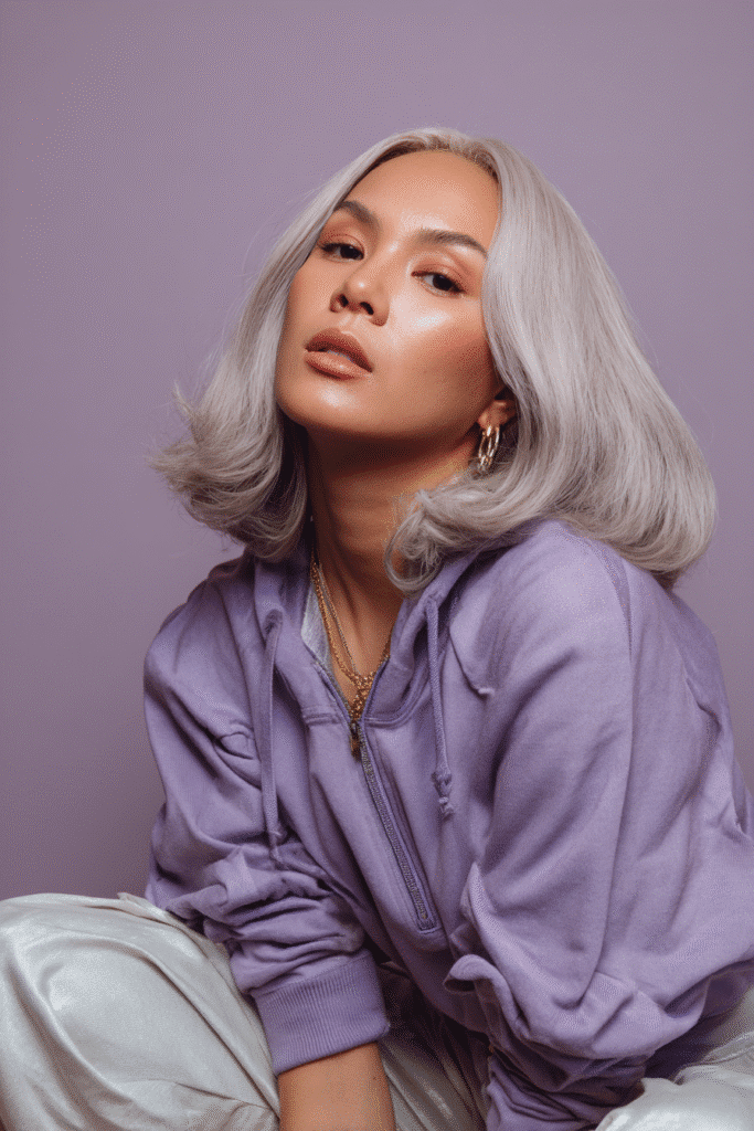 A vibrant female model in her 20s with shoulder-to-waist-length layered hair in silver blonde, styled in a layered baddie wig with a bold finish, framed from chest-level upward, photographed against a seamless soft lavender backdrop with a satin finish. She has bold makeup, a trendy outfit, a warm skin tone, and a confident expression, captured with soft natural lighting.
