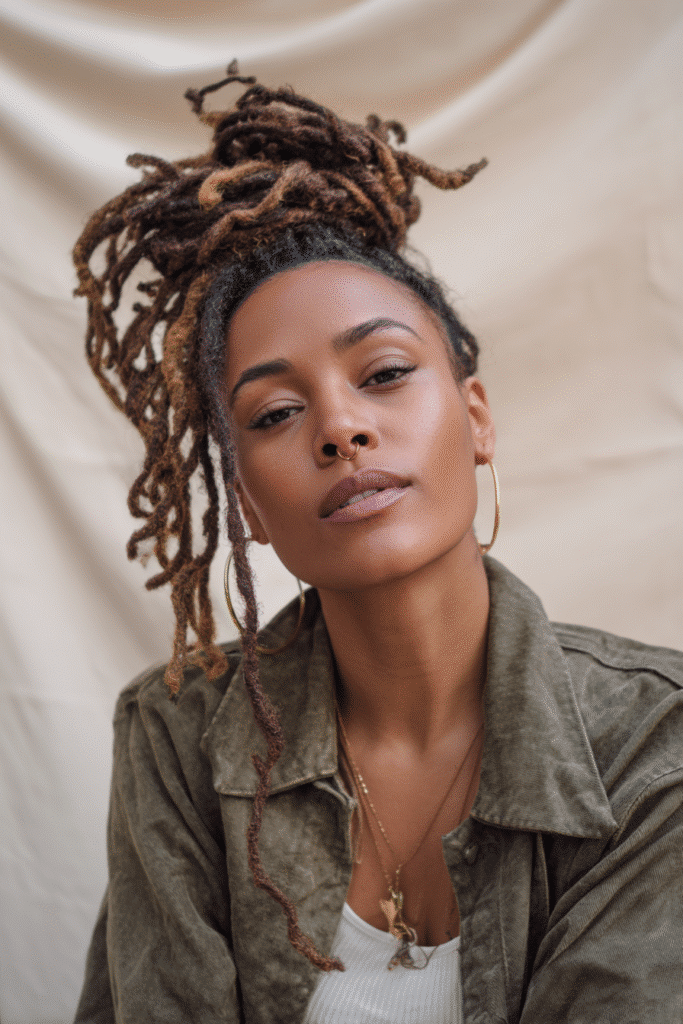 A vibrant Black female model in her 20s with shoulder-to-waist-length sisterlock wig, styled in a half-up coiled sisterlock crown with loose locks flowing down, photographed against a seamless light ecru backdrop with a velvety texture. She has subtle makeup, a trendy outfit, a warm skin tone, and a friendly expression, captured with soft natural lighting.