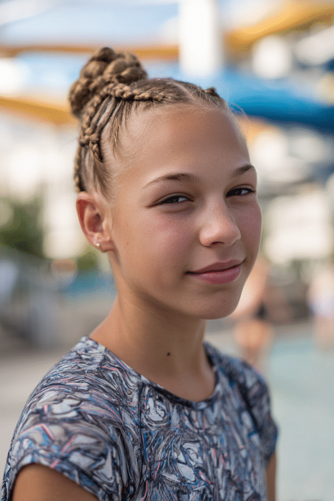Confident American teen girl wearing a patterned swim shirt and sleek braided bun, posing by a lazy river at the waterpark.