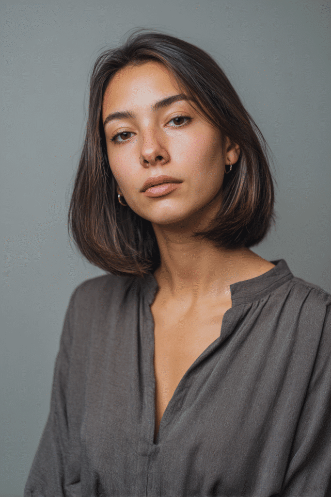 American model with thin straight hair in a sleek French bob, wearing a collared blouse with long sleeves, photographed against a soft gray backdrop.