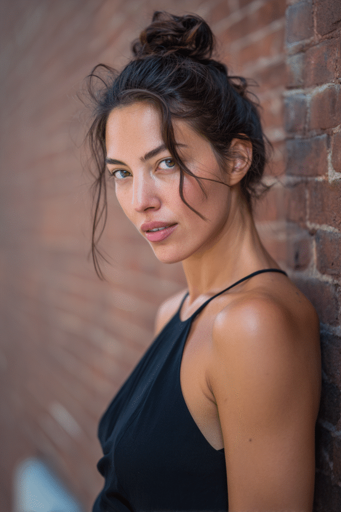American woman with sleek low bun in brunette, trendy outfit, brick wall, Instagram-style.