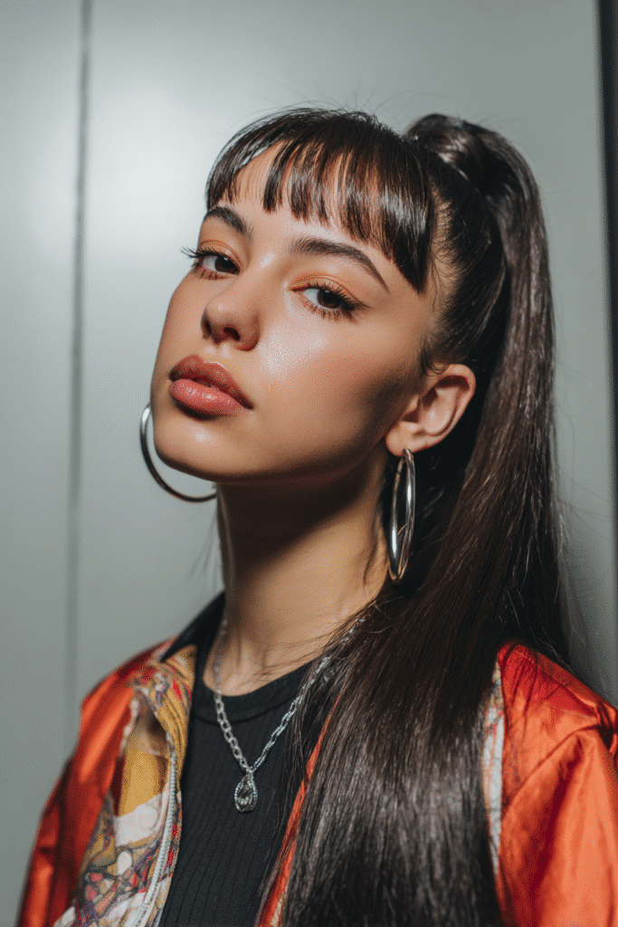 A vibrant female model in her 20s with shoulder-to-waist-length straight hair, styled in a sleek ponytail baddie wig with a high and glossy finish, framed from chest-level upward, photographed against a seamless light silver backdrop with a matte finish. She has bold makeup, a trendy outfit, a warm skin tone, and a confident expression, captured with soft natural lighting.