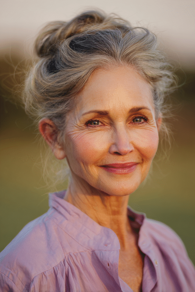 Realistic image of a woman over 60 with a soft curled sandy blonde updo, elegant pearl earrings, wearing a pastel long-sleeve blouse, background of a warm indoor setting.