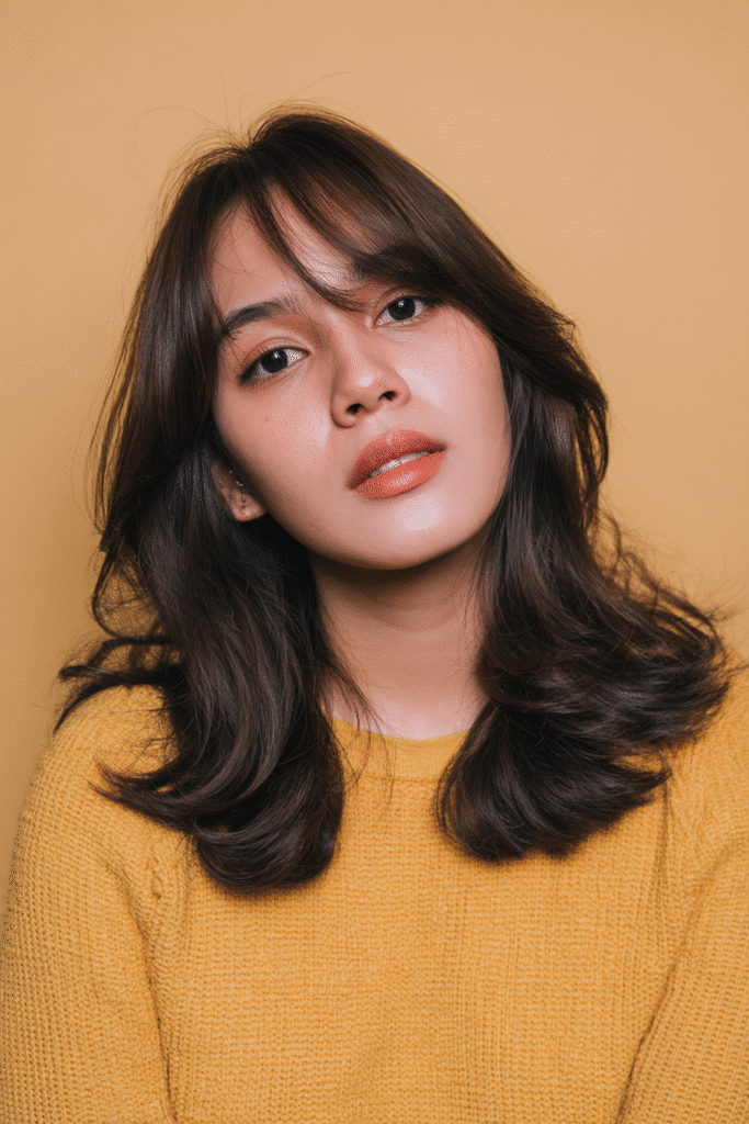 A vibrant American female model in her 20s with chest-length soft wave Hime Cut long hair featuring gentle curves, delicate sidelocks, and no bangs, styled softly, photographed against a seamless warm latte backdrop with a subtle sheen. She has subtle makeup, a trendy outfit, a warm skin tone, and a friendly expression, captured with soft natural lighting.