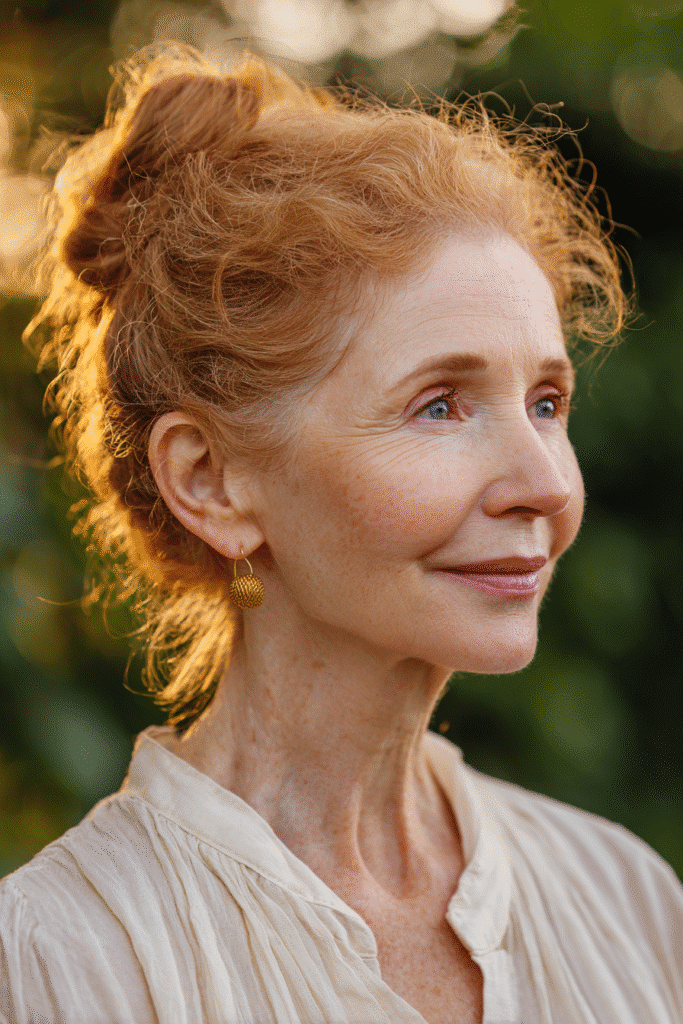 Realistic portrait of a woman over 60 with a strawberry blonde soft knot hairstyle, wearing a pastel full-sleeve shirt, background of a sunlit indoor room.