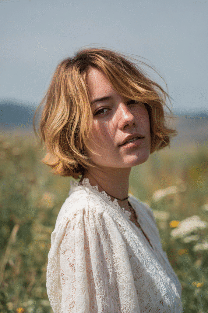 Model with thin hair styled in a soft tousled French bob, wearing a modest lace-trim blouse, photographed in a bright natural meadow.