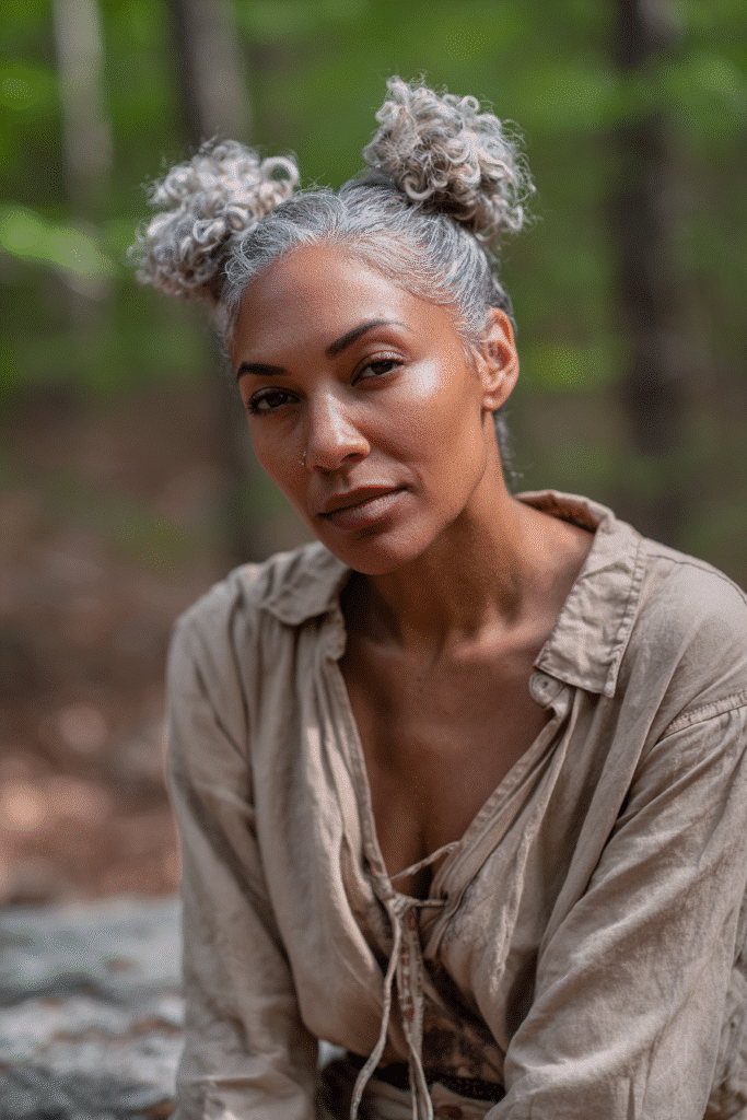 American woman with space buns in salt-and-pepper, forest backdrop, trendy outfit, Instagram-style.