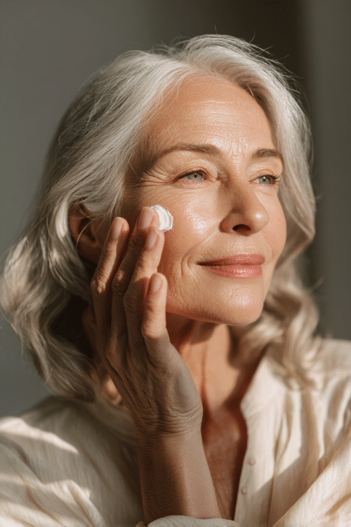 Older woman with radiant, well-moisturized skin, smiling softly, showing smooth and plump complexion before makeup application.