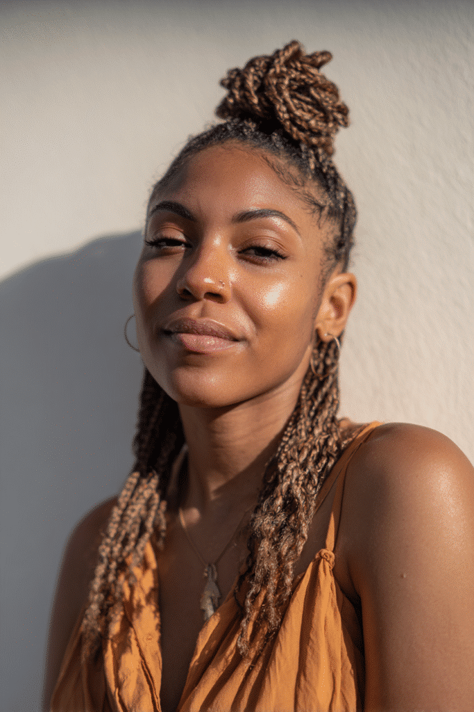 A vibrant Black female model in her 20s with shoulder-to-waist-length braided wig, styled in a half-up stitch braided crown with loose braids flowing down, photographed against a seamless soft cream backdrop with a smooth surface. She has subtle makeup, a trendy outfit, a warm skin tone, and a friendly expression, captured with soft natural lighting.
