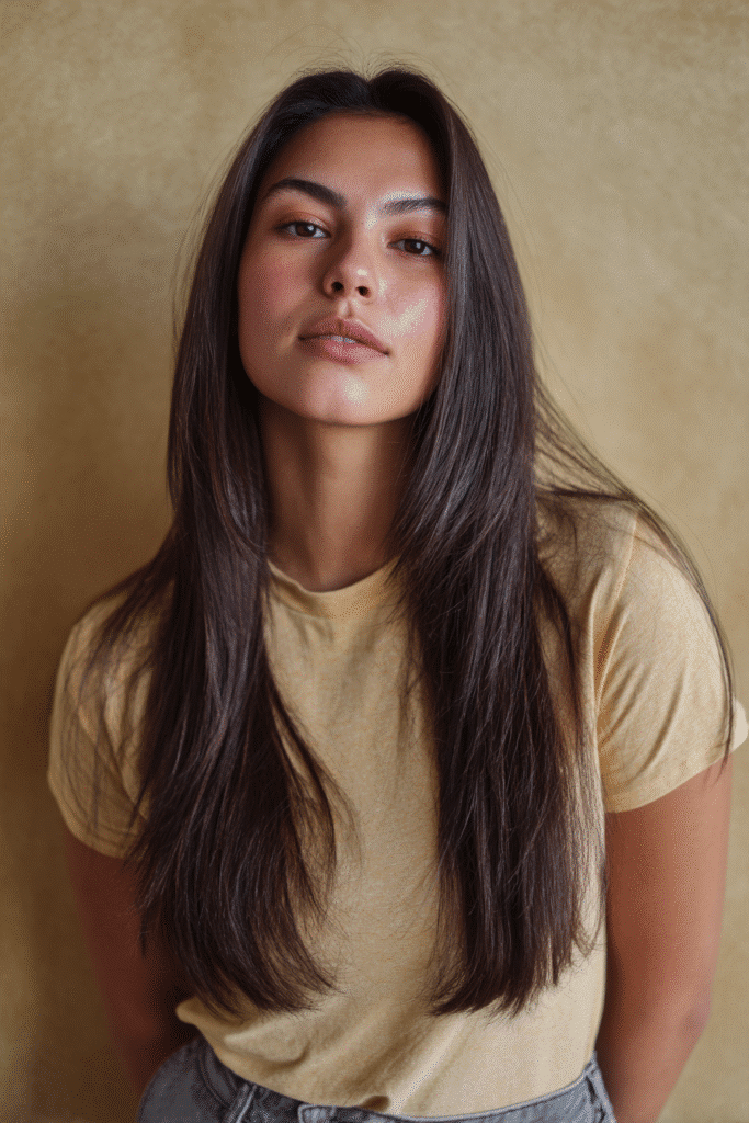 A vibrant female model in her 20s with shoulder-to-waist-length straight half wig, styled with layered ends flowing down, photographed against a seamless light olive backdrop with a velvety texture. She wears subtle makeup, a trendy outfit, and has a warm skin tone with a friendly expression, captured with soft natural lighting.