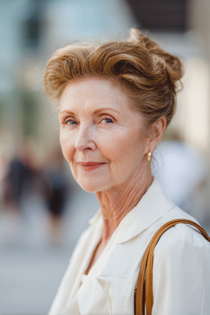 Realistic portrait of a woman over 60 with a structured updo in caramel brown tones, wearing a modest round-neck top, background of a softly lit indoor space.