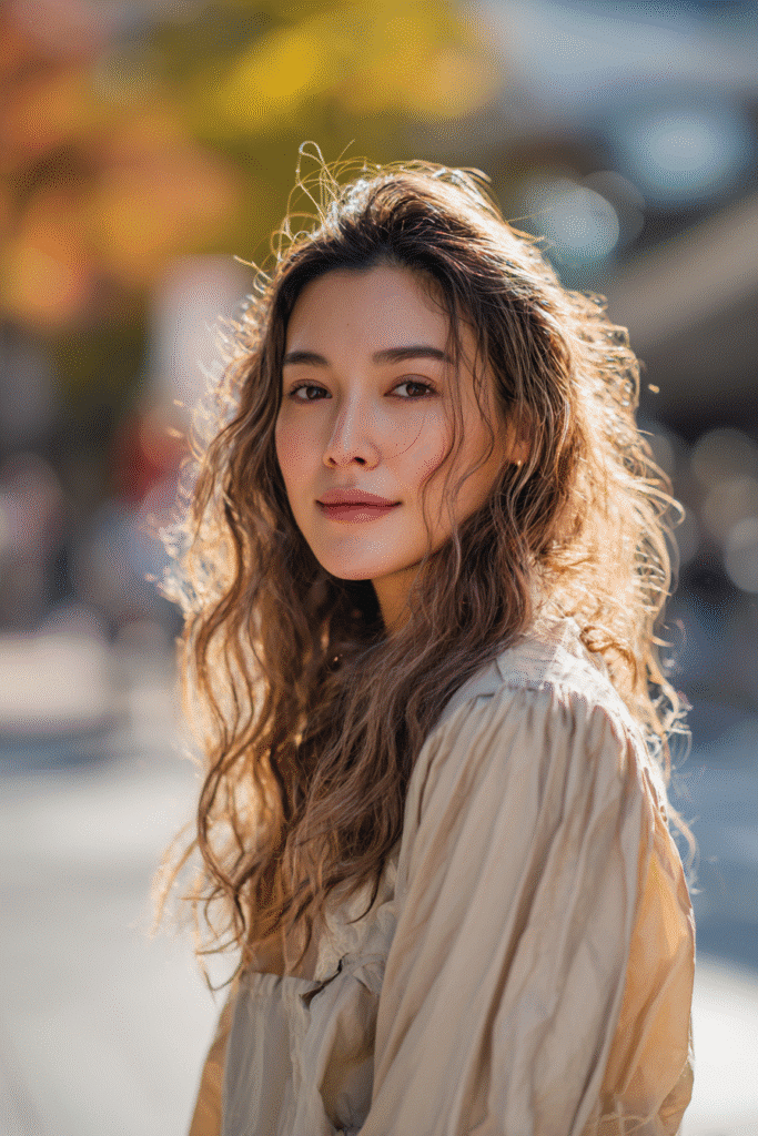 Brightly lit portrait of a brunette woman with sunkissed bronde hair color, loose curls, wearing a cream ribbed long-sleeve shirt, standing in a sunlit park during autumn.