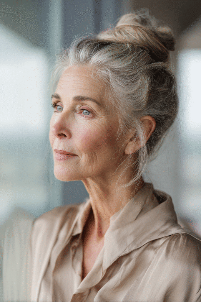 Realistic chest-up portrait of a woman over 60 with an ash blonde textured bun, subtle makeup, wearing a light-colored full-sleeve top, background of a softly blurred park scene.
