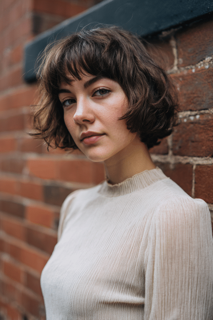 Chic American model with thin hair in a textured French bob featuring soft micro bangs, wearing a full-sleeve chiffon blouse in front of an urban brick wall.