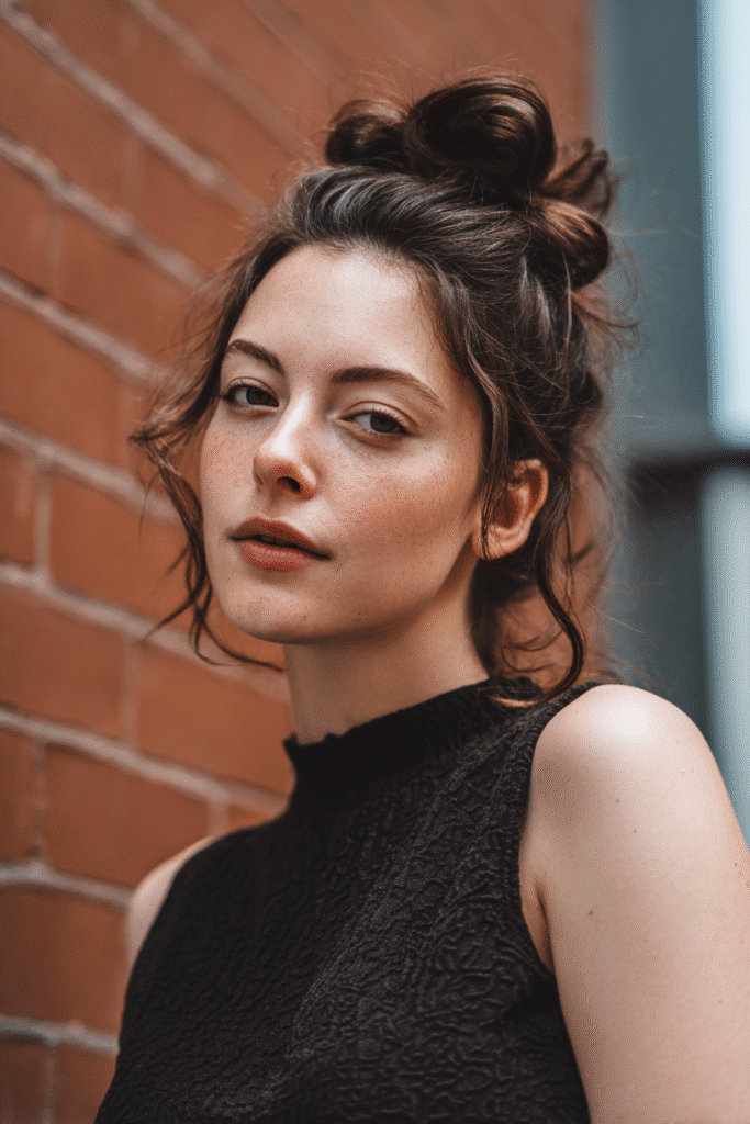 American woman with textured top knot in chestnut, brick wall, trendy outfit, Instagram-style.