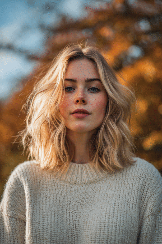 Realistic chest-length image of a brunette woman with toasted sand balayage highlights, straight blowout style, wearing a sage green long-sleeve top, with soft fall sunlight behind her.