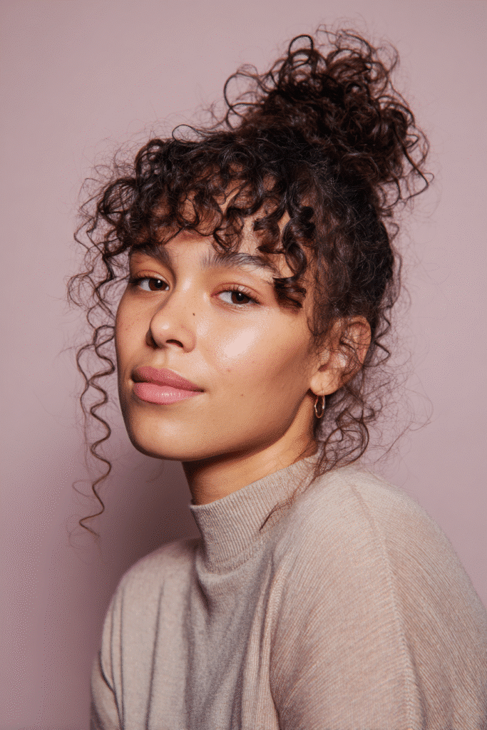 A vibrant female model in her 20s with shoulder-to-waist-length curly half wig, styled with a top knot bun and loose curls flowing down, photographed against a seamless soft lilac backdrop with a matte finish. She has subtle makeup, a trendy outfit, a warm skin tone, and a friendly expression, captured with soft natural lighting.