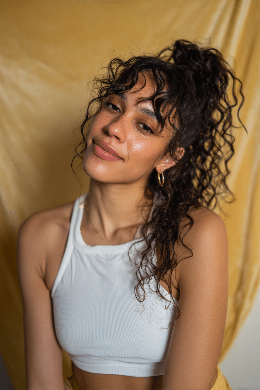 A vibrant Black female model in her 20s with shoulder-to-waist-length curly wig, styled in a half-up top knot with loose, bouncy curls flowing down, photographed against a seamless light gold backdrop with a velvety texture. She wears subtle makeup, a trendy outfit, and has a warm skin tone with a friendly expression, captured with soft natural lighting.