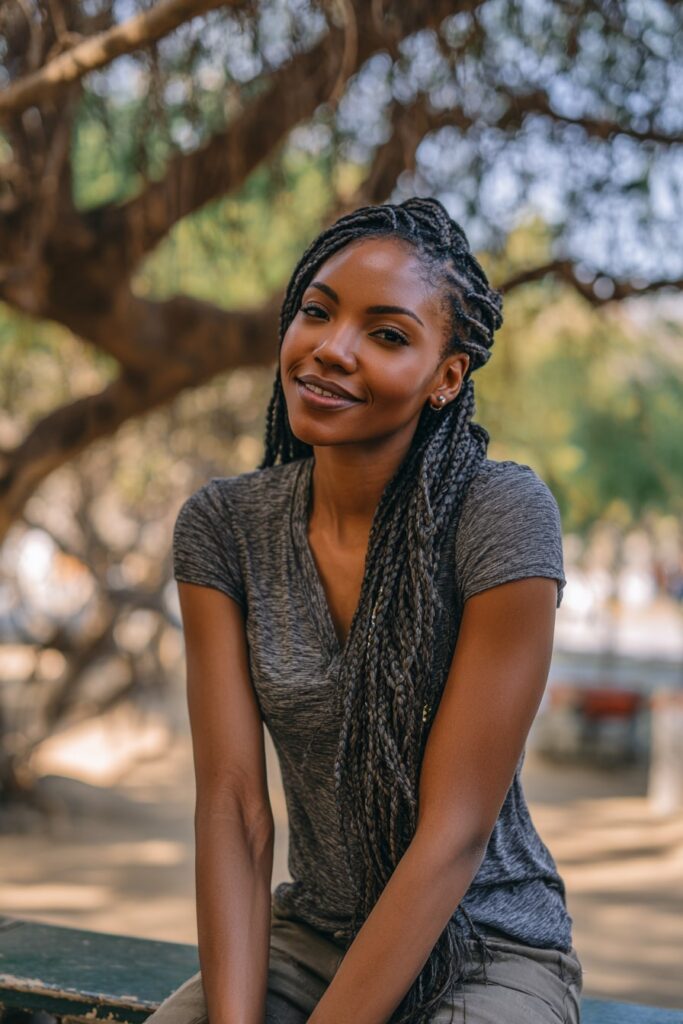 Black woman with waist-length traditional box braids styled loosely for low tension, sitting outdoors on a park bench, wearing a casual fitted t-shirt, leafy green trees in the background.