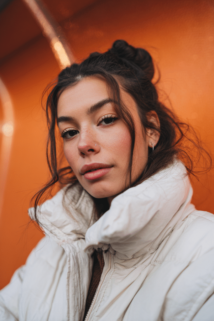 A vibrant female model in her 20s with shoulder-to-waist-length hair, styled in a twist 'n tuck with a protective updo design, captured in a close-up shot focusing on the hair, photographed against a seamless warm ruby backdrop with a matte finish. She has subtle makeup, a stylish winter coat, a warm skin tone, and a confident expression, captured with cozy winter lighting and a frosty glow.