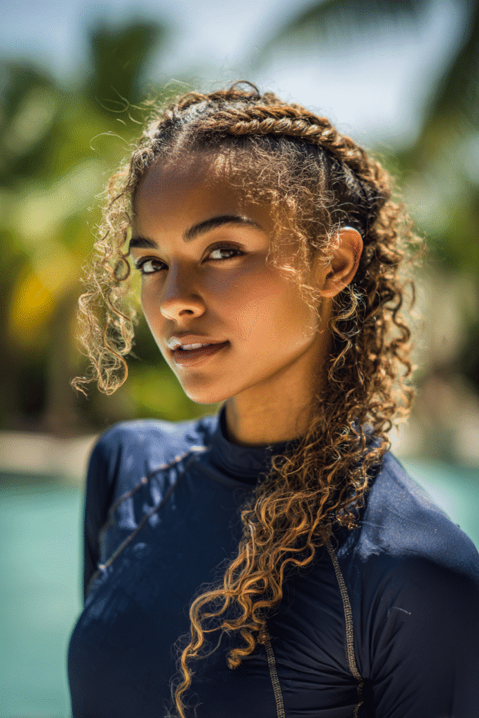 Girl with a crown twist braid and curly hair in a full swim shirt, smiling near tropical waterpark area.