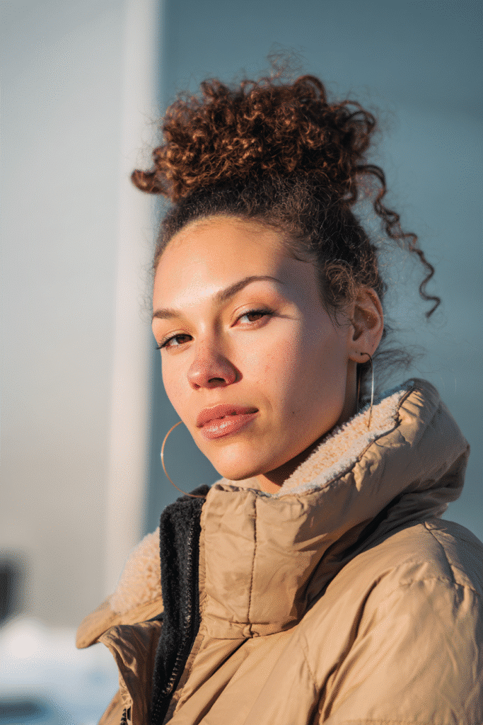 A vibrant female model in her 20s with shoulder-to-waist-length hair, styled in a twisted crown updo with a regal finish, framed from chest-level upward, photographed against a seamless light coral backdrop with a smooth surface. She has subtle makeup, a stylish winter coat, a warm skin tone, and a confident expression, captured with cozy winter lighting and a frosty glow.