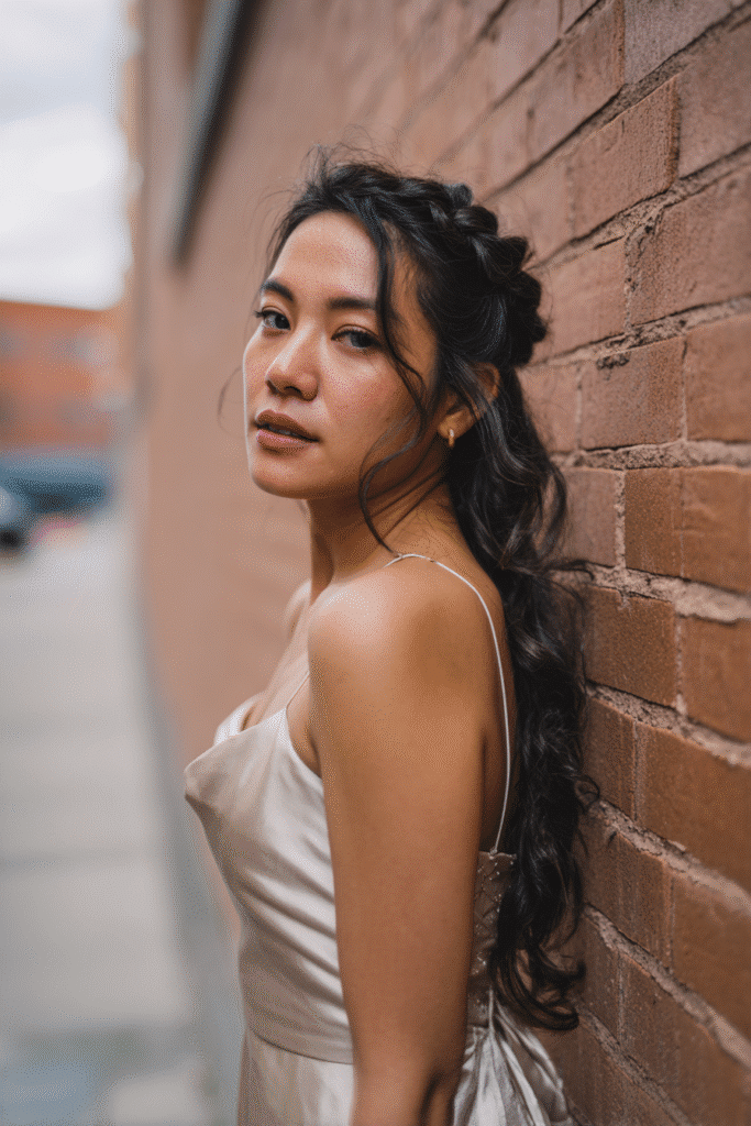Elegant bride with a twisted half-crown half-up half-down wedding hairstyle, wearing a half-sleeve satin gown in front of an urban brick wall backdrop.