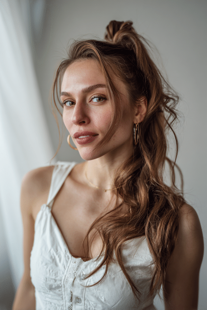 American woman with twisted ponytail in light brown, white backdrop, trendy outfit, Instagram-style.