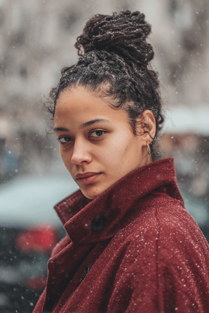 A vibrant female model in her 20s with shoulder-to-waist-length hair, styled in a two strand twist updo with a high bun, framed from chest-level upward, photographed against a seamless warm burgundy backdrop with a matte finish. She has subtle makeup, a stylish winter coat, a warm skin tone, and a confident expression, captured with cozy winter lighting and soft snowflakes.