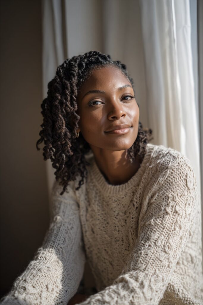 Black woman with shoulder-length two strand twists styled loosely, wearing a soft knit sweater, seated by a window with sheer white curtains.