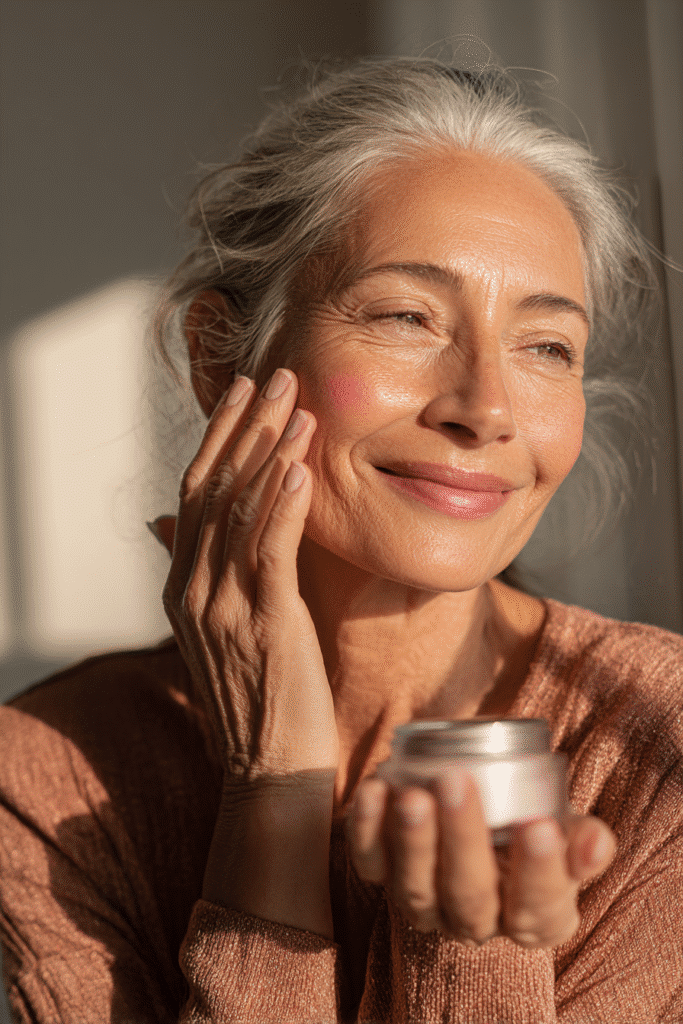Mature woman dabbing rosy cream blush on her cheeks, giving a fresh and youthful flush of color.