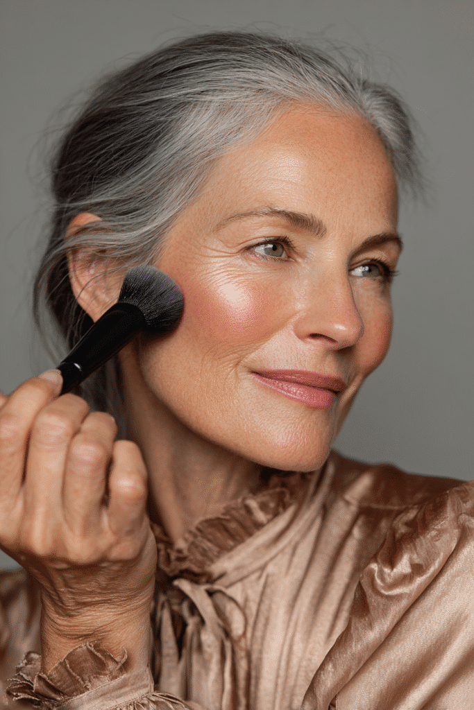 Older woman brushing soft champagne highlighter on her cheekbones for a subtle, age-appropriate glow.