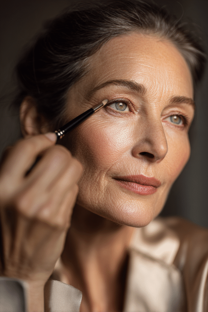 Older woman blending neutral satin-finish eyeshadows on her eyelids for a flattering, age-friendly eye look.