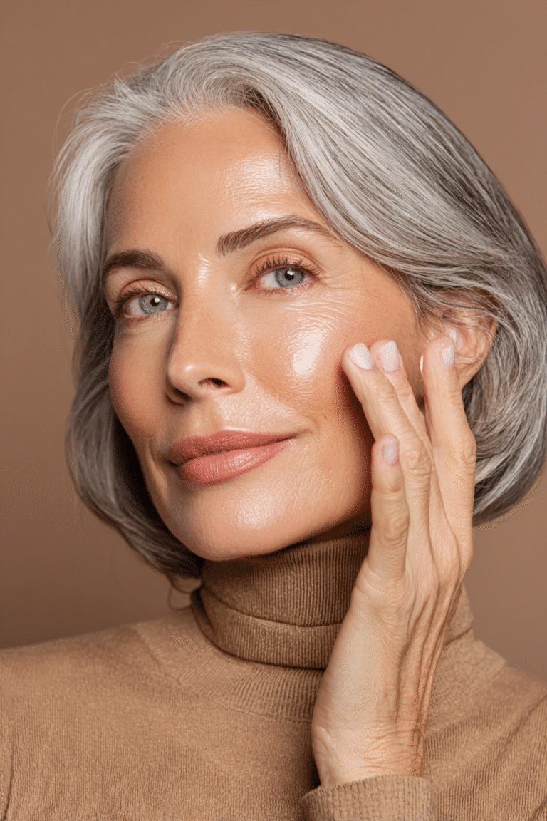 Mature woman applying luminous primer on her face, creating a smooth, glowing base for makeup.