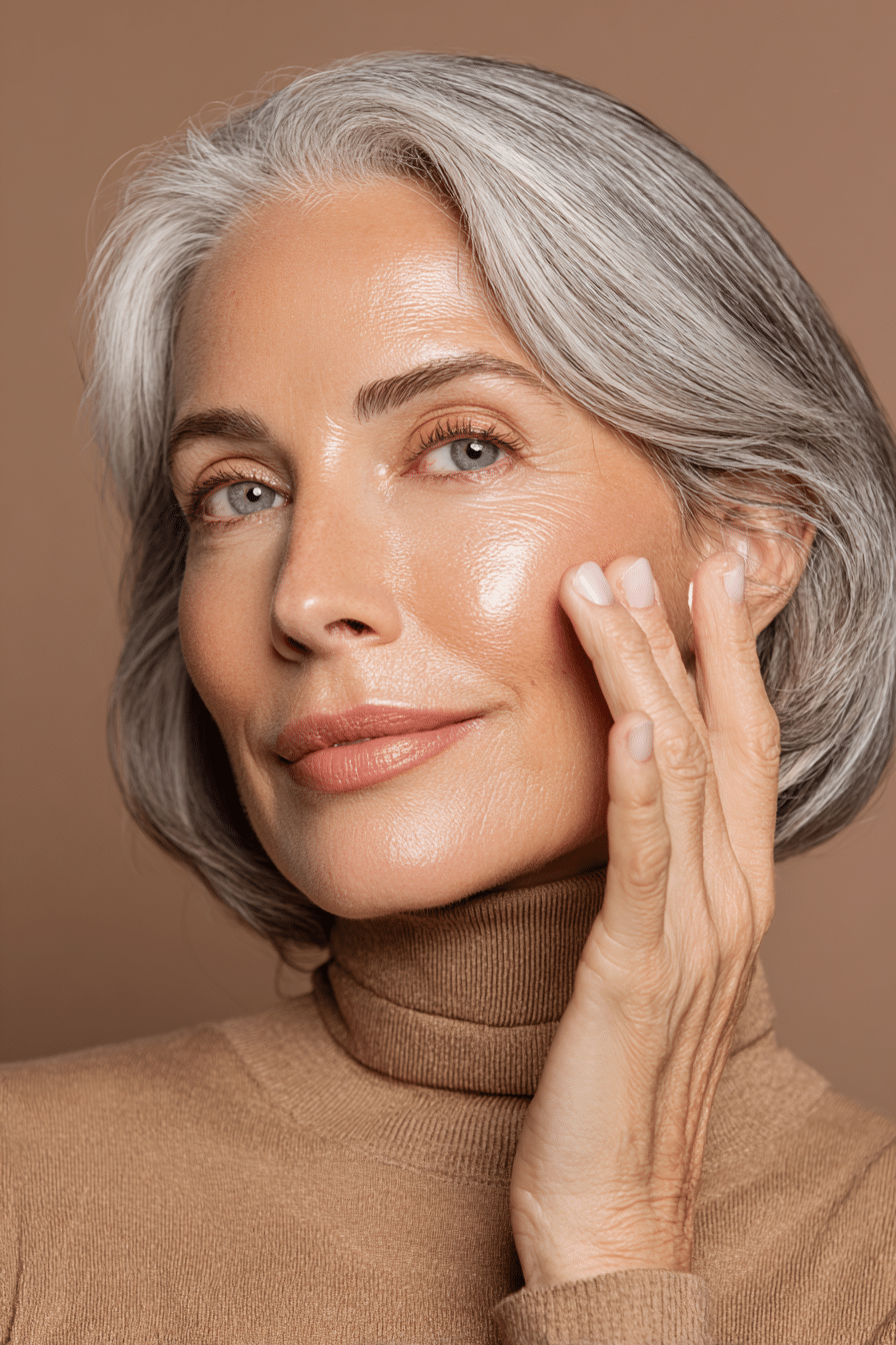 Mature woman applying luminous primer on her face, creating a smooth, glowing base for makeup.