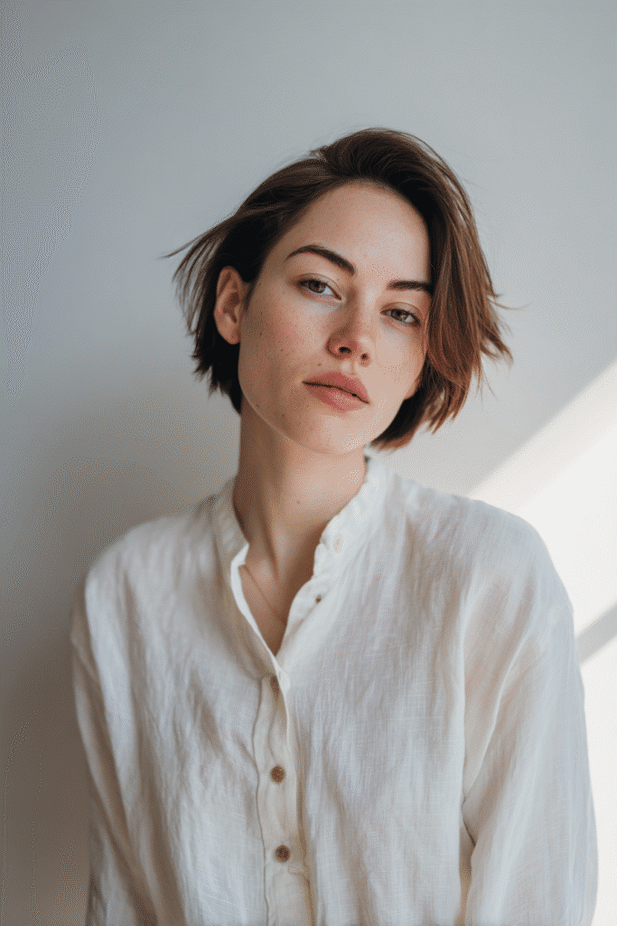 Confident American woman with thin hair in a very short inverted French bob, wearing a long-sleeve blouse, photographed on a seamless white studio background.
