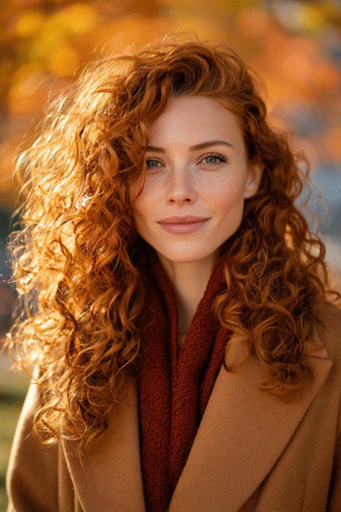 Realistic image of a brunette woman with vibrant copper hair color, voluminous blowout, wearing a forest green long-sleeve blouse, surrounded by orange autumn leaves.