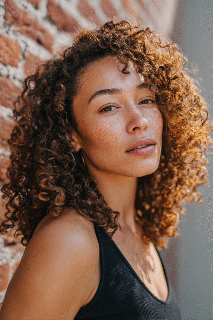 A vibrant American female model in her 20s with vibrant pumpkin spice curls hair color, styled in voluminous curls, photographed against an urban brick wall backdrop with minimal texture. She has subtle makeup, a trendy outfit, a warm skin tone, and a friendly expression, captured with soft natural lighting.