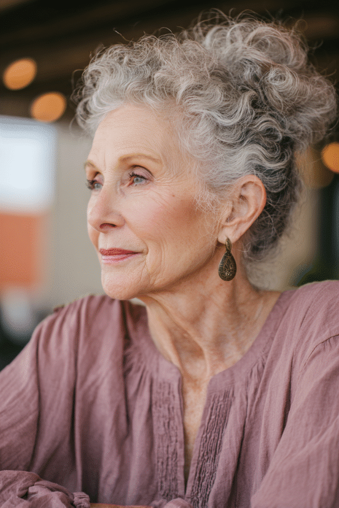 Realistic chest-up portrait of a woman over 60 with a voluminous curly updo in natural gray hair, wearing a cozy turtleneck sweater, background of a softly lit living room.