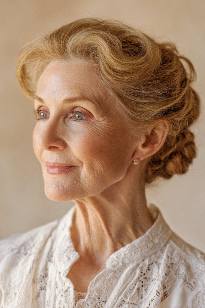 Realistic chest-up portrait of a woman over 60 with a golden blonde wavy twist updo, wearing a cream-colored high-neck top, background of a softly lit living room.
