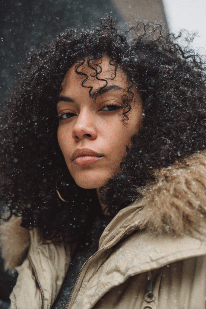A vibrant female model in her 20s with shoulder-to-waist-length weave hair, styled in a voluminous protective weave with a seamless blend, captured in a close-up shot focusing on the hair, photographed against a seamless soft beige backdrop with a satin finish. She has subtle makeup, a stylish winter coat, a warm skin tone, and a confident expression, captured with cozy winter lighting and soft snowflakes.