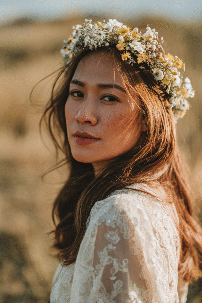 American bride with a wildflower-laced half-up half-down hairstyle, wearing a flowy lace bridal gown in a natural meadow setting.