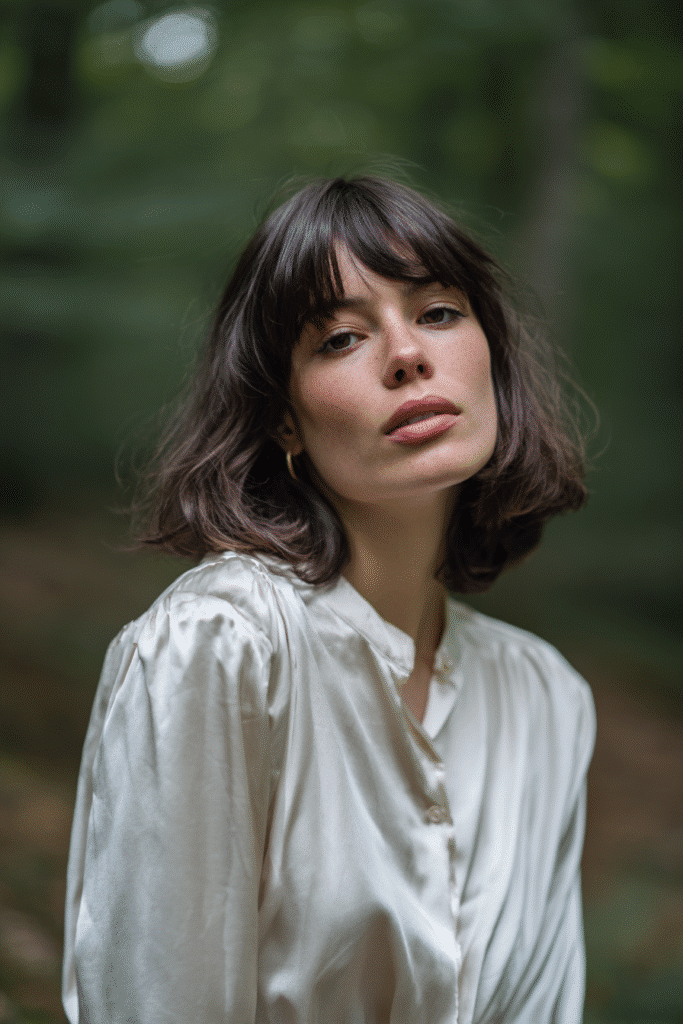 Elegant woman with thin hair styled in a wispy French bob with curtain bangs, dressed in a modest satin blouse, standing in a serene forest backdrop.