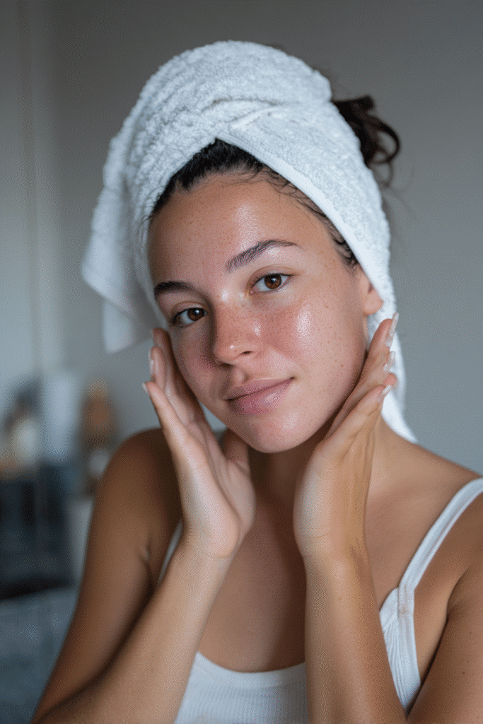 American teenage girl with glowing fresh skin, hair wrapped in a white towel, gently applying skincare while wearing a modest white tank top in a bright, minimal bedroom.