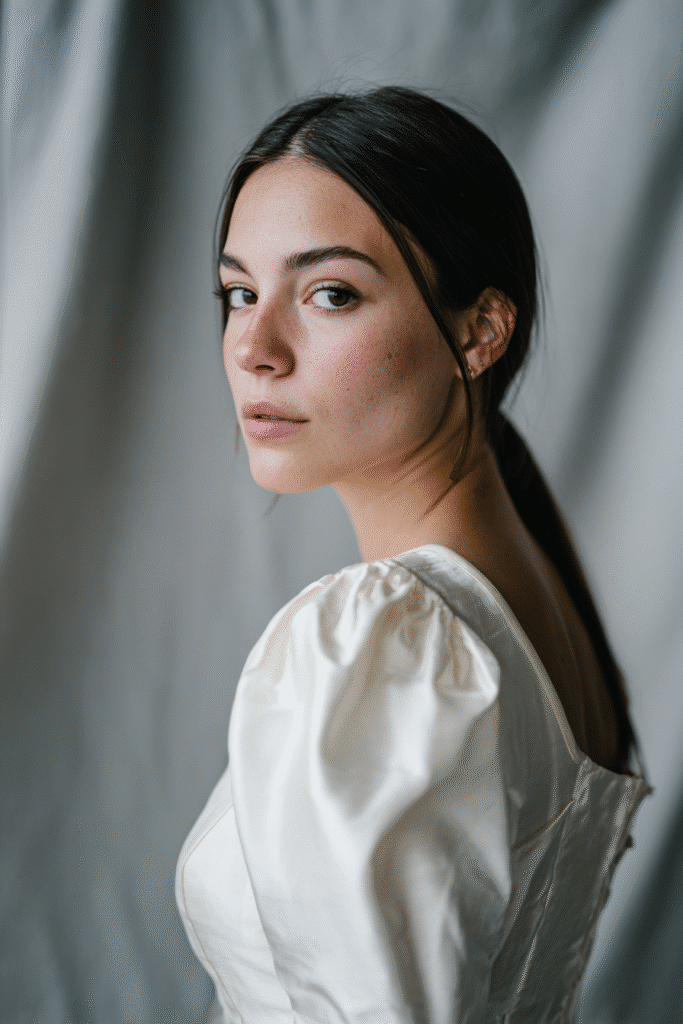 Bride with a sleek, straight half-up half-down wedding hairstyle, wearing a modest satin bridal gown with sleeves against a soft gray backdrop.